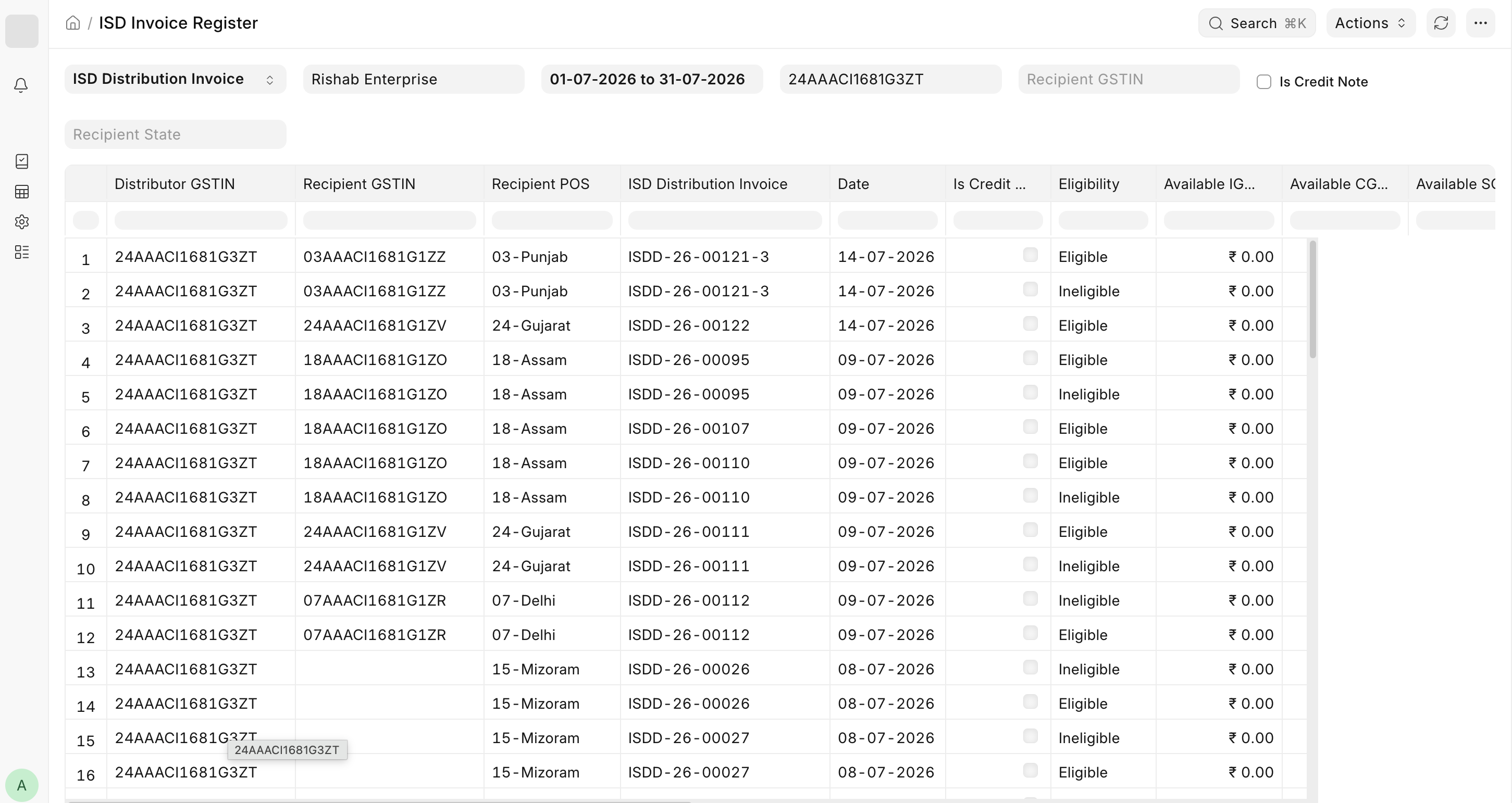 ISD Invoice Register